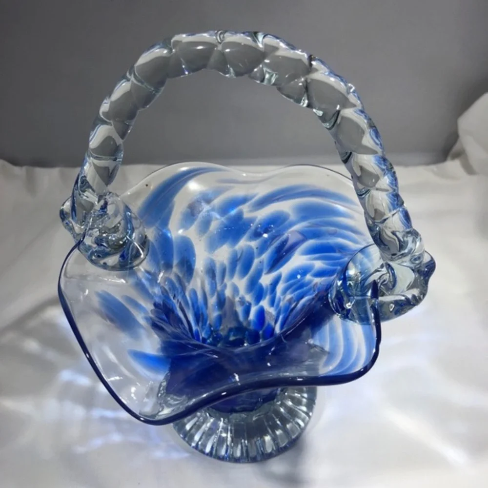 BLUE & CLEAR GLASS BASKET WITH RUFFLED WAVY EDGES
